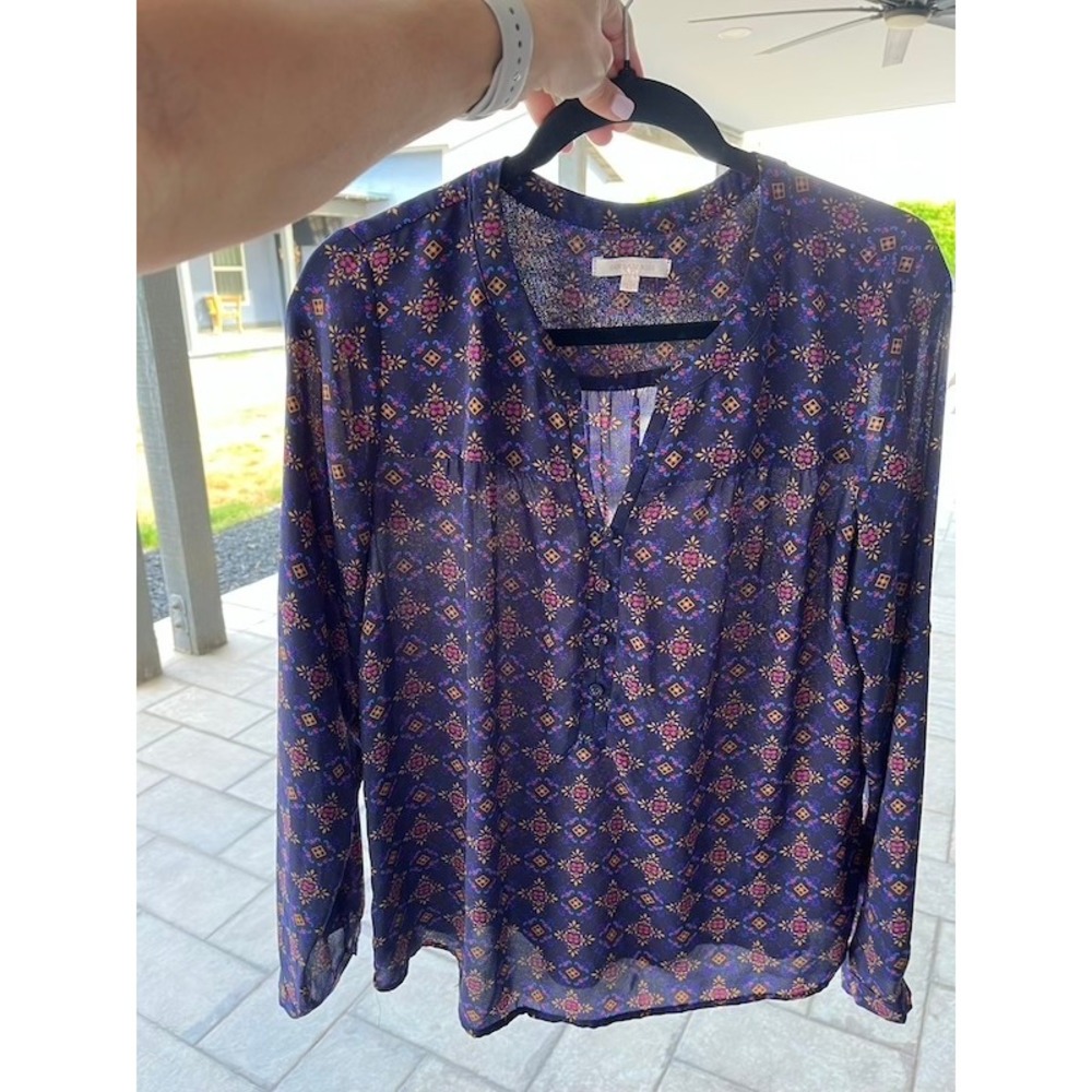 Skies Are Blue Navy Medallion Print Long Sleeve V-Neck Blouse Top 33228 Medium